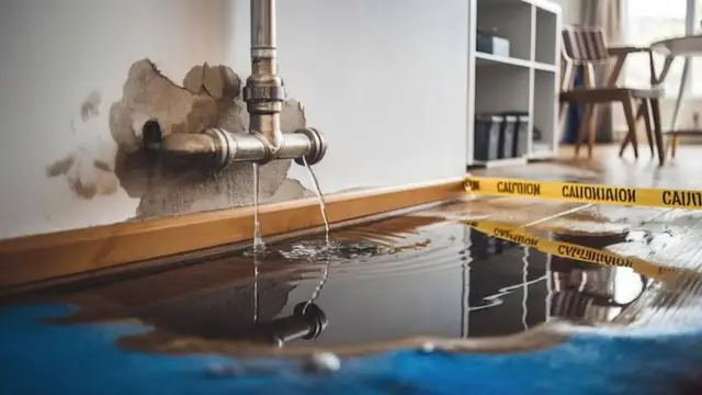 Leaking pipe at a wall with caution tape and water on the floor