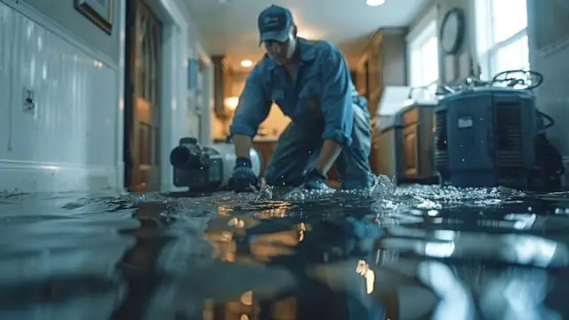 Technician running a pump in a flooded room