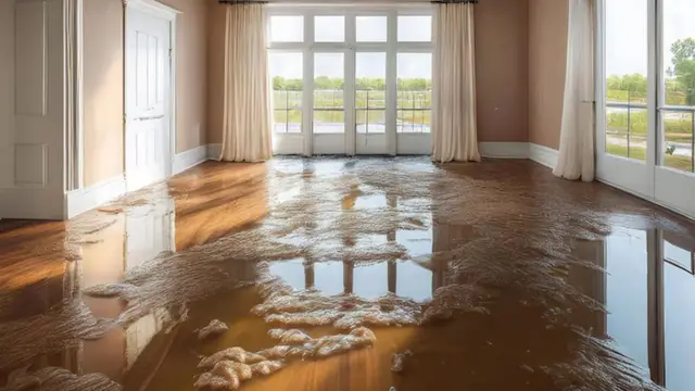 Hardwood floor in a bright room with standing water