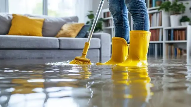 Person in yellow boots mopping a flooded living room