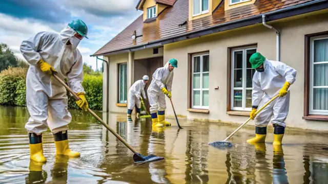 Crew in protective suits and boots clearing floodwater outside a house