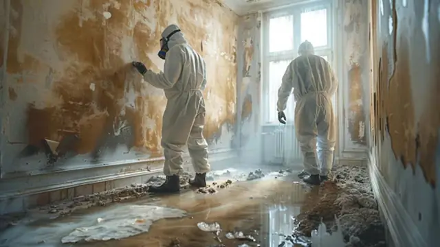 Two workers in protective suits assessing mold on the walls of a water-damaged room